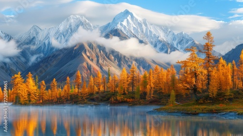  A picturesque mountain range with a serene lake, surrounded by lush trees, and fading into the distance with majestic clouds © Anna