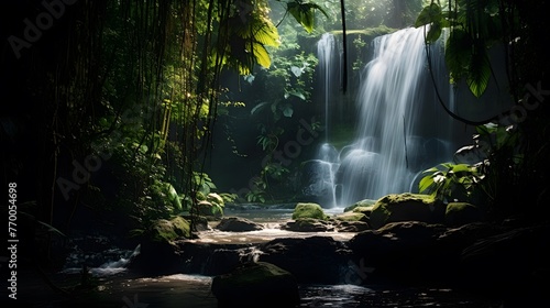 Waterfall in tropical rainforest. Waterfall in deep forest.