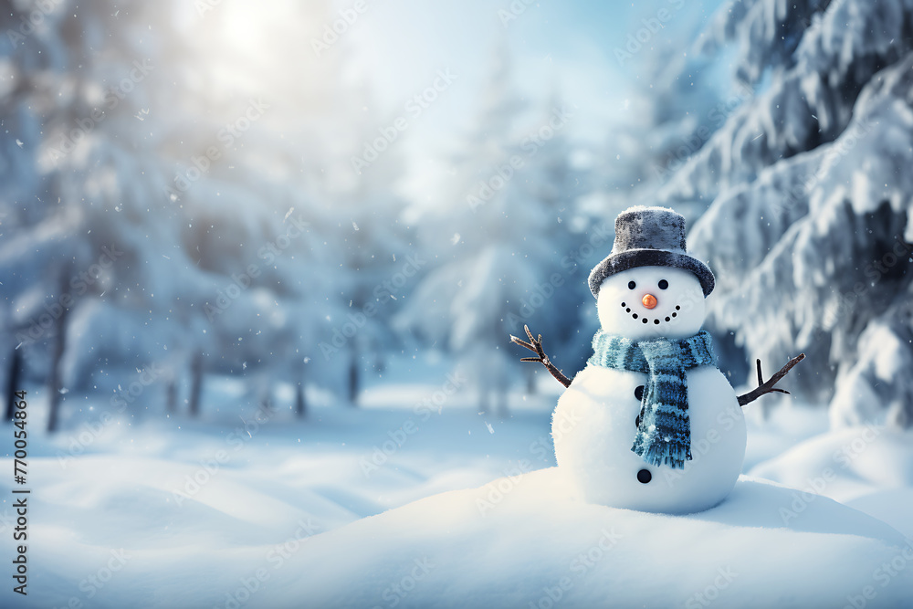 Obraz premium Charming snowman adorned with a hat and scarf, greeting a serene winter day, amidst a softly lit snowy landscape