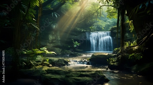Panorama of a waterfall in a tropical rainforest with sunbeams