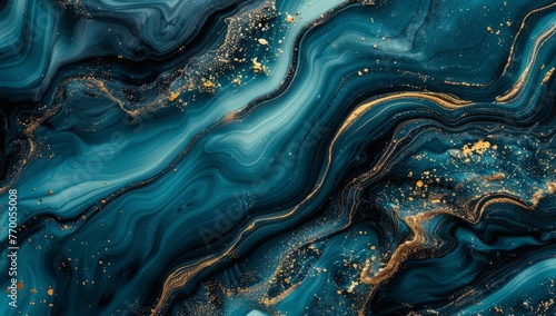 A dark blue and turquoise background with flowing water, with golden lines and details, showcasing the beauty of marble texture Generative AI
