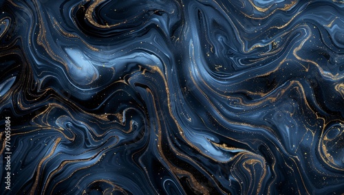A digital art illustration of an abstract blue and black marble pattern, with swirling lines in shades of deep ocean blue and shimmering gold accents Generative AI