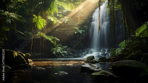 Panoramic view of a beautiful waterfall in the rainforest.