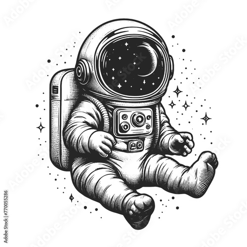 astronaut baby floating in space with stars sketch engraving generative ai fictional character vector illustration. Scratch board imitation. Black and white image.