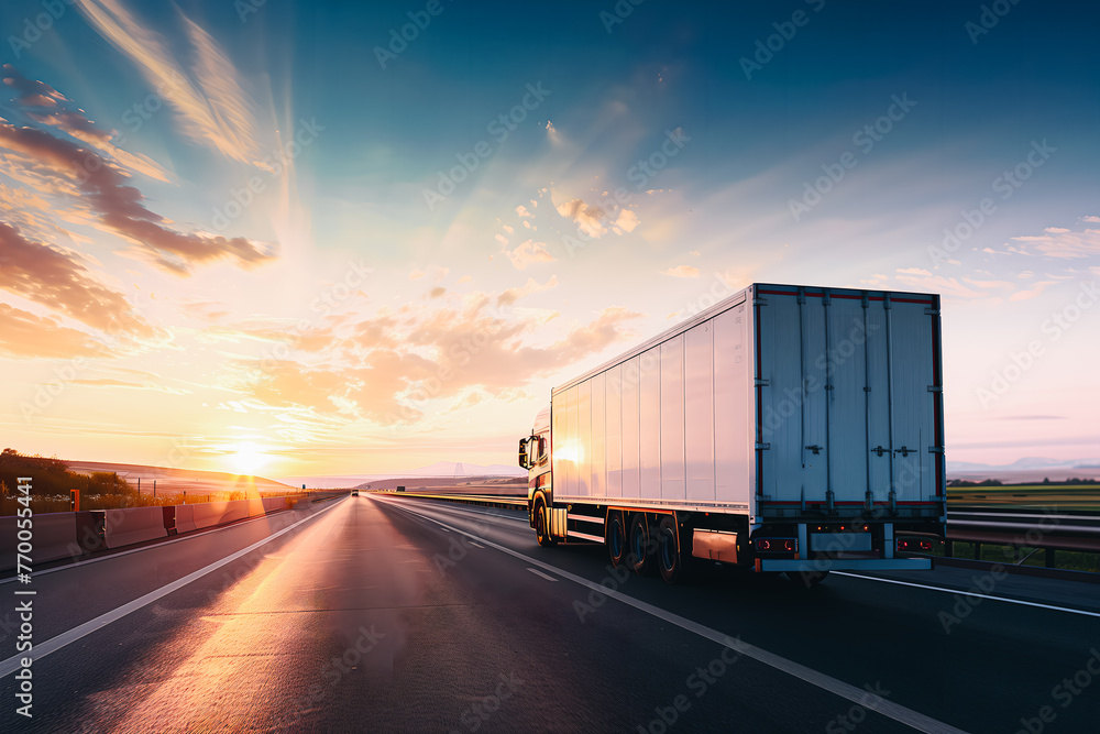 Supply Chain Logistics truck is driving on the motorway during sunset