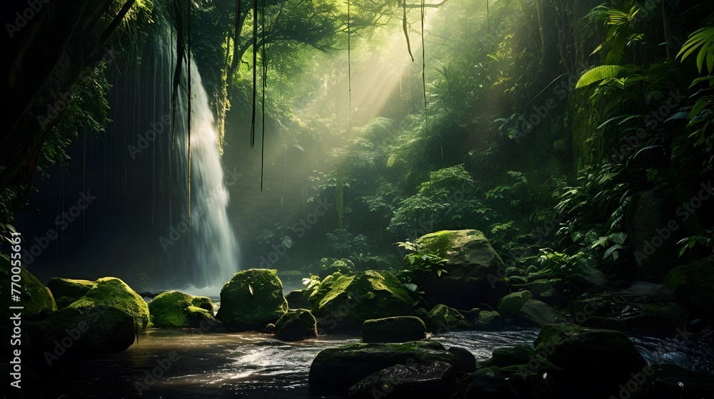 Panoramic view of a waterfall in the rainforest. Nature background