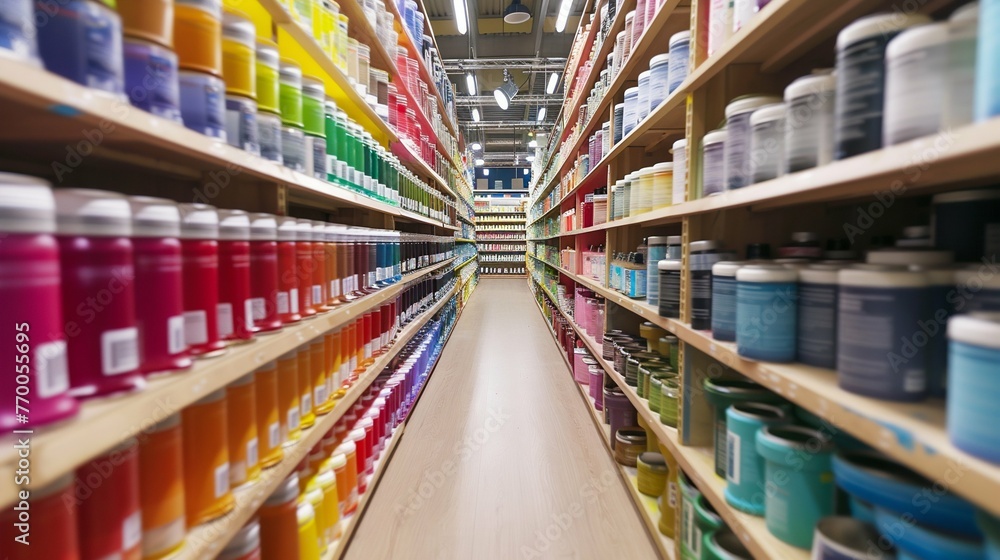Vibrant Paint Cans Aisle in Home Improvement Store. Generative ai