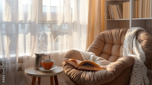 A cozy, inviting reading nook by a large window with sheer curtains, the soft morning light illuminating an open book resting on a plush, overstuffed chair photo