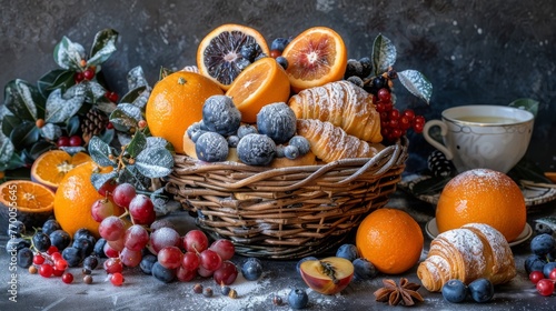  A basket brimming with oranges, blueberries, and croissants adjacent to a steaming cup of coffee