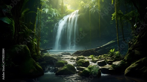 Panorama of a small waterfall in a tropical rainforest. Long exposure