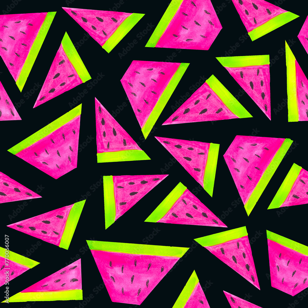 abstract geometric background seamless pattern of watermelon slices on a black background