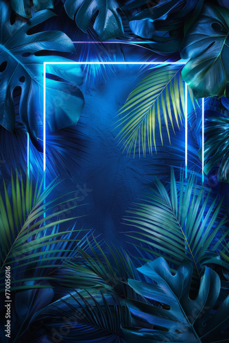 recgangle neon frame on tropical palm leaves, poster style,generative ai