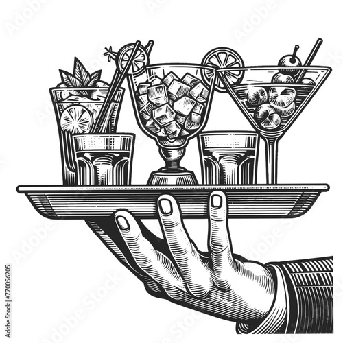 hand serving a tray with assorted retro cocktail glasses, garnished with fruits sketch engraving generative ai fictional character vector illustration. Scratch board imitation. Black and white image.