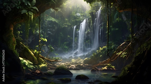 Panorama of a waterfall in a tropical forest with a stream flowing through it