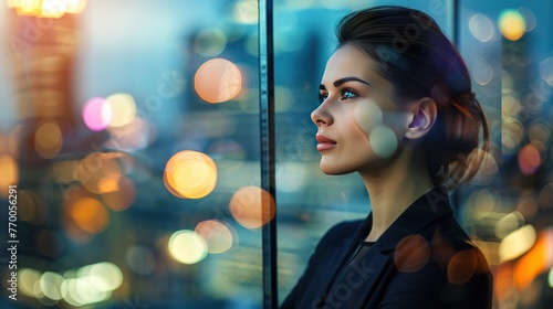 A focused businesswoman standing against a glass window overlooking the city skyline, captured in high definition with vibrant colors
