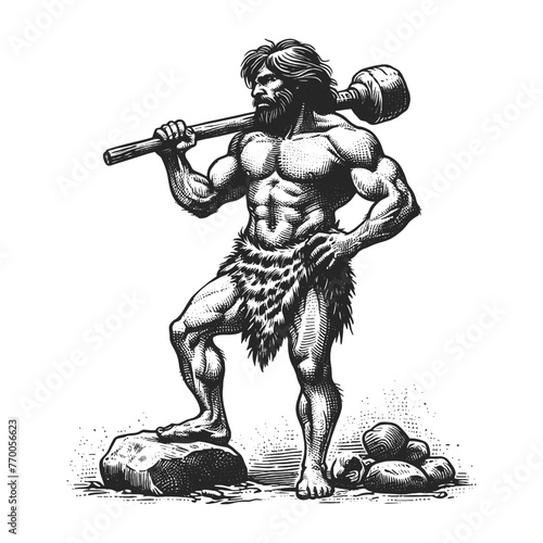 cave prehistoric man with stone hammer sketch engraving generative ai fictional character vector illustration. Scratch board imitation. Black and white image.