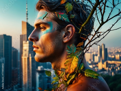 Une homme urbain avec des feuilles vertes dans les cheveux et un paysage urbain en arrière-plan., envie de retour à la nature  photo