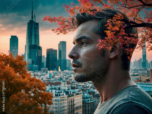 Une homme urbain avec des feuilles vertes dans les cheveux et un paysage urbain en arrière-plan., envie de retour à la nature  photo