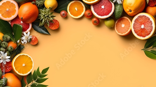 A colorful assortment of fruits including oranges, lemons, and grapefruit. Concept of abundance and freshness, with the fruits arranged in a visually appealing manner