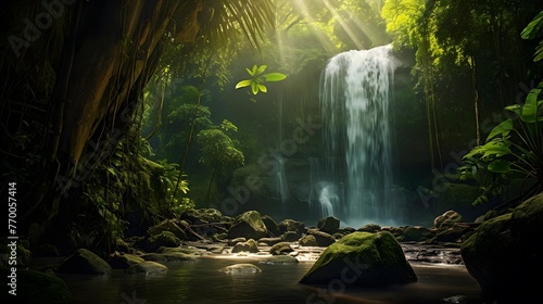 Panoramic view of a beautiful waterfall in the rainforest of Costa Rica