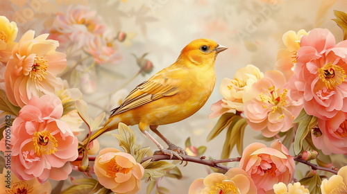 Collage of a fine art of a beautiful bird surrounded by flowers overlain in shades of Peach Fuzz.