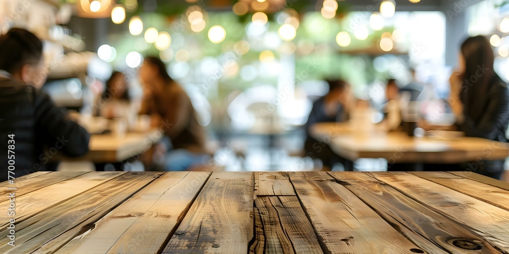 People in a coffee shop with a blurred background and an empty wood table top for product display. Concept Coffee Shop Scene, Blurred Background, Empty Wood Table, Product Display