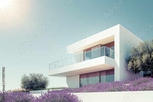 Modern house exterior under bright midday sun, with pale blue sky. Pristine landscaping, subtle lavender house.