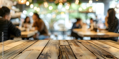 People in a coffee shop with a blurred background and an empty wood table top for product display. Concept Coffee Shop Scene  Blurred Background  Empty Wood Table  Product Display