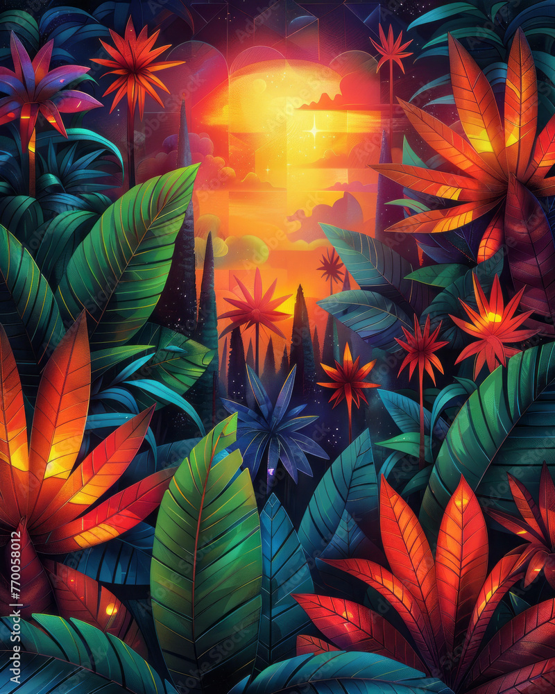 create a jungle scene with symetrical geometry, steampunk vibes with blue green and yellow and red cartoon colors, spiritual vibes,generative ai