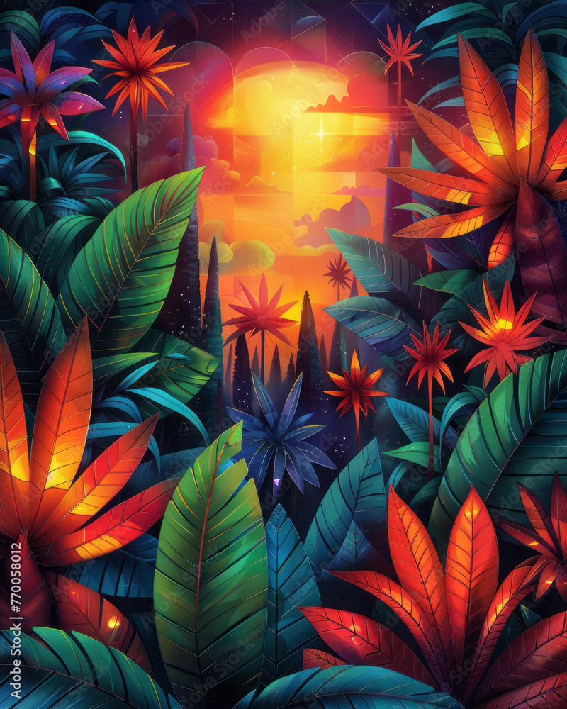 create a jungle scene with symetrical geometry, steampunk vibes with blue green and yellow and red cartoon colors, spiritual vibes,generative ai create a jungle scene with symetrical geometry, steampunk vibes with blue green and yellow and red cartoon colors, spiritual vibes,generative ai