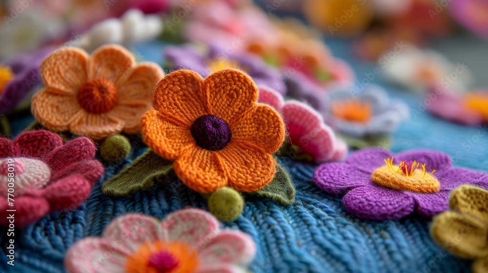 A knitted bouquet rests atop a blue sheet, atop a bed of more knitted blooms A knitted bouquet rests atop a blue sheet, atop a bed of more knitted blooms