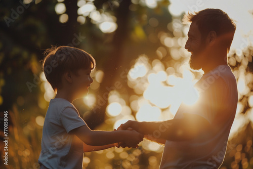 Adult man shakes hands with his inner child