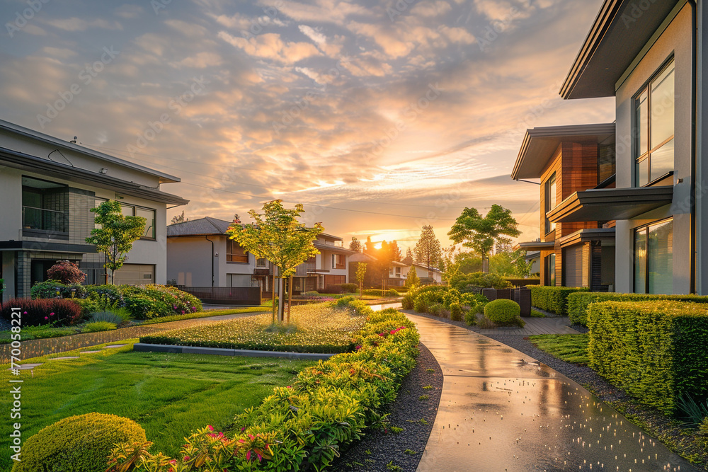 Morning glow on suburban homes with dew-covered gardens and modern architecture. /