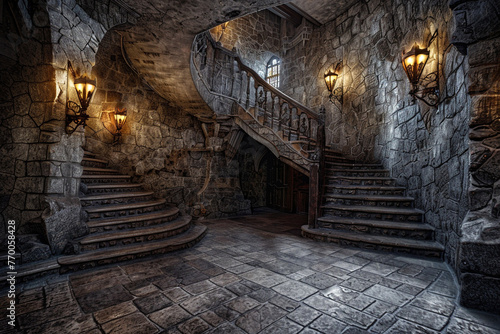 Old-world foyer with heavy stone staircase and torch-mounted walls, evoking medieval castle ambiance. Echoing footsteps add to ancient atmosphere.