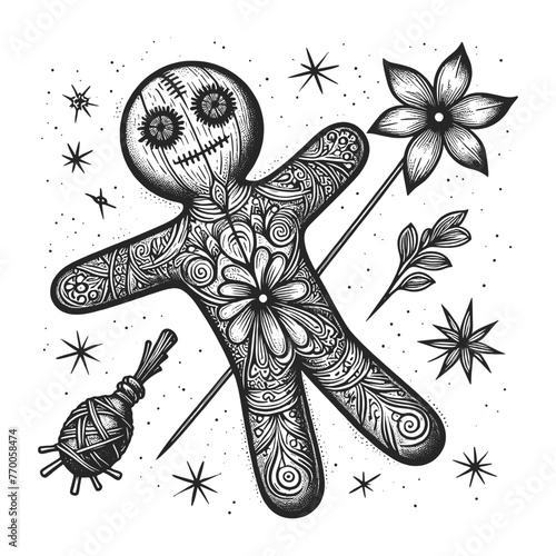 voodoo doll with pattern designs, accompanied by mystical stars and a flower sketch engraving generative ai fictional character vector illustration. Scratch board imitation. Black and white image.