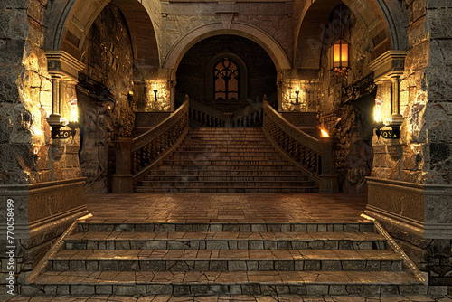 Old-world foyer with heavy stone staircase and torch-mounted walls, evoking medieval castle ambiance. Echoing footsteps add to ancient atmosphere. photo