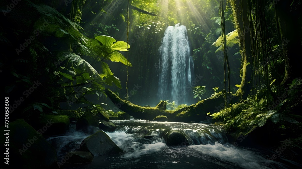 Waterfall in tropical rainforest. Panoramic view of waterfall in rainforest.