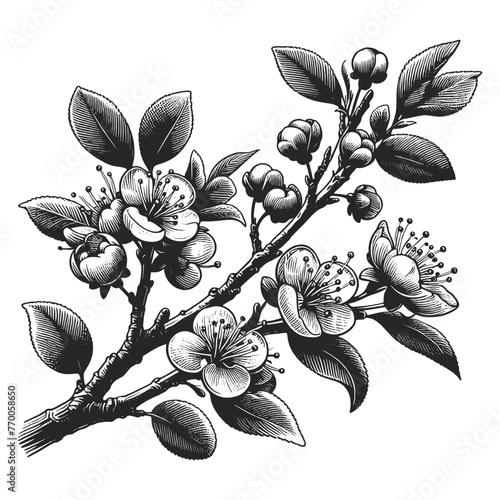 branch of apple blossoms, with detailed flowers and leaves sketch engraving generative ai vector illustration. Scratch board imitation. Black and white image.