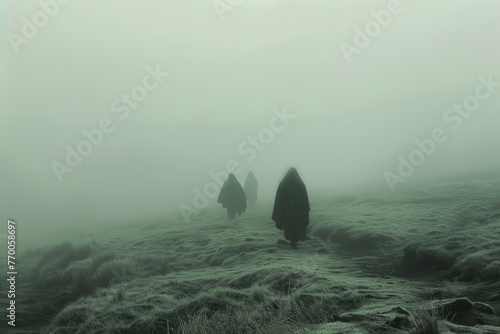 A desolate, mist-covered moor where ghostly wraiths emerge from the fog, their pale figures barely visible