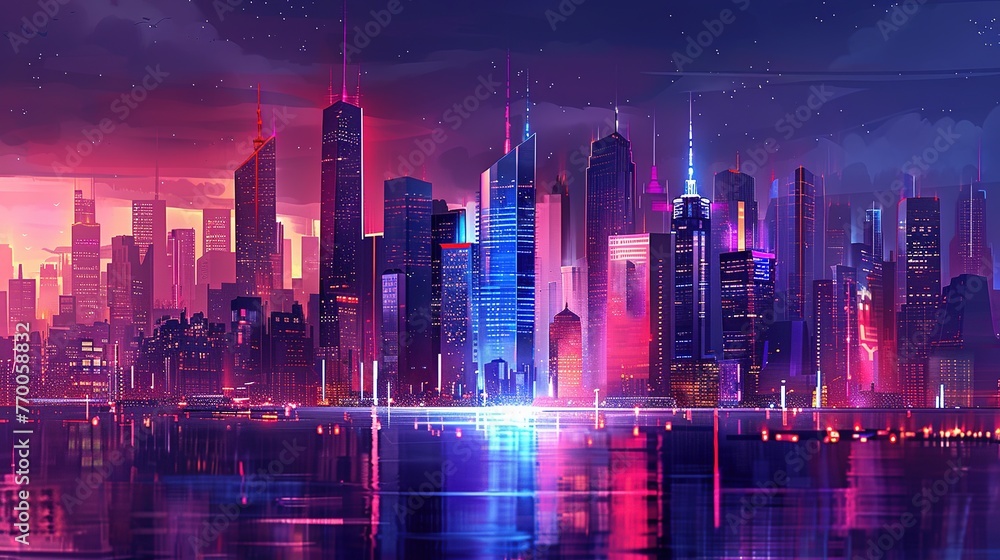 A dramatic city skyline with illuminated skyscrapers counting down to the New Year in a metropolitan setting