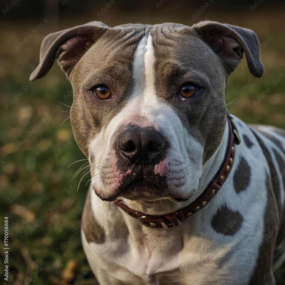 A photo of an amazingly cute, funny and charming American Staffordshire Terrier dog on a beautiful background. Generative AI