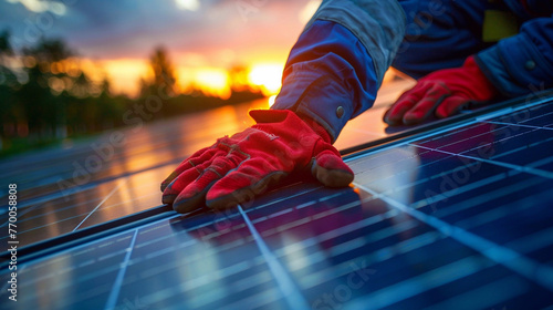 A technician in yellow gloves installing photovoltaic solar panel system on the rooftop. Alternative energy concept. © Katerina
