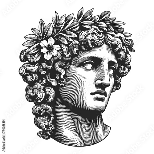 classical Greek statue philosopher laurel wreath, framed by a Greek key pattern sketch engraving generative ai fictional character vector illustration. Scratch board imitation. Black and white image.