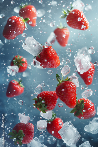 Strawberries frozen and ice cubes falling