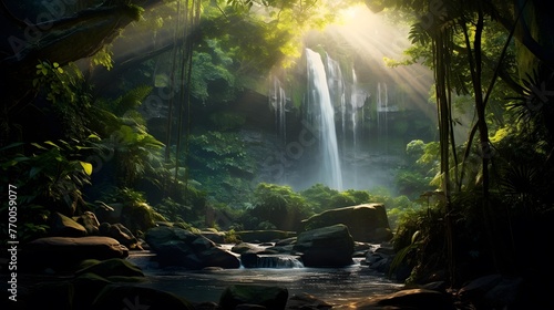Panoramic view of a waterfall in the forest. Nature concept