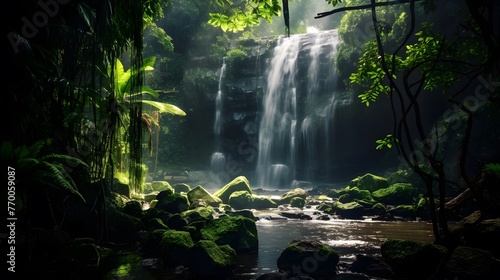 Panoramic view of a waterfall in a tropical forest at night