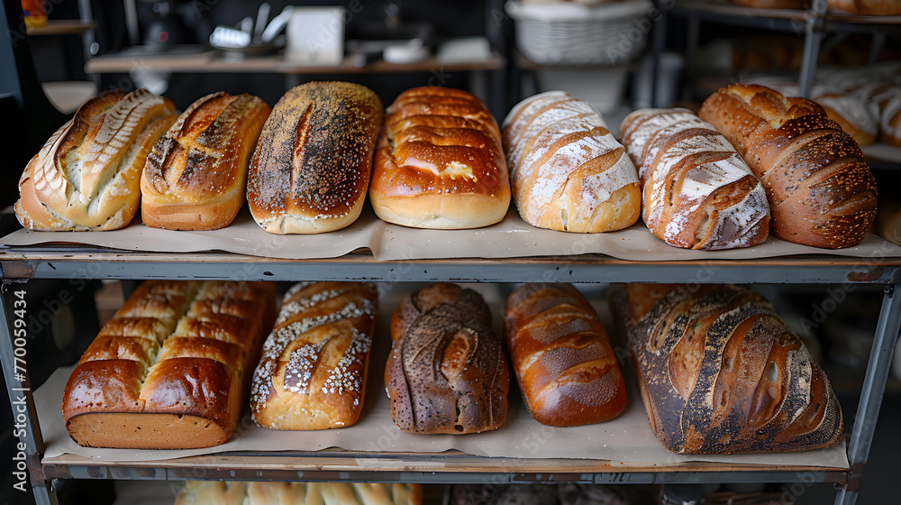 Fresh Bread Assortment: Bakery Display - obrazy, fototapety, plakaty 