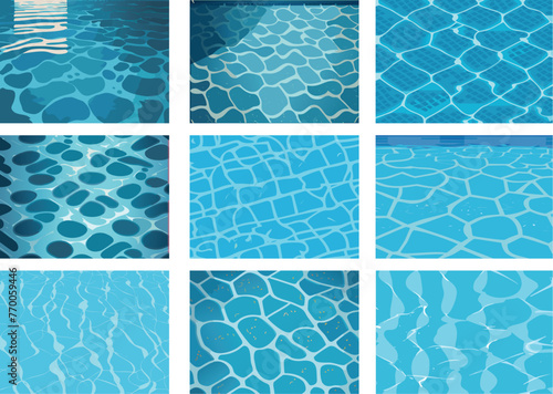 Set of different pool water surfaces' vectors. Light blue water texture background of pools