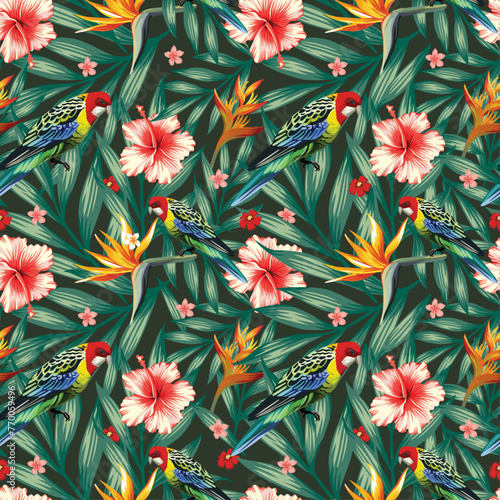 Parrot bird tropical flower and leaves vector pattern.