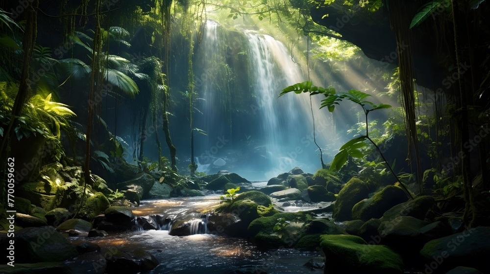 Panoramic view of a waterfall in the rainforest. Long exposure